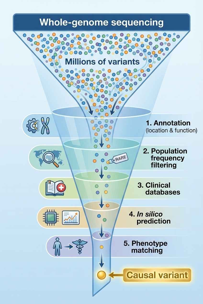 Figure 7-1. The four core questions of variant annotation. Each variant must be evaluated across four dimensions: genomic location, functional consequence, population frequency, and clinical relevance.