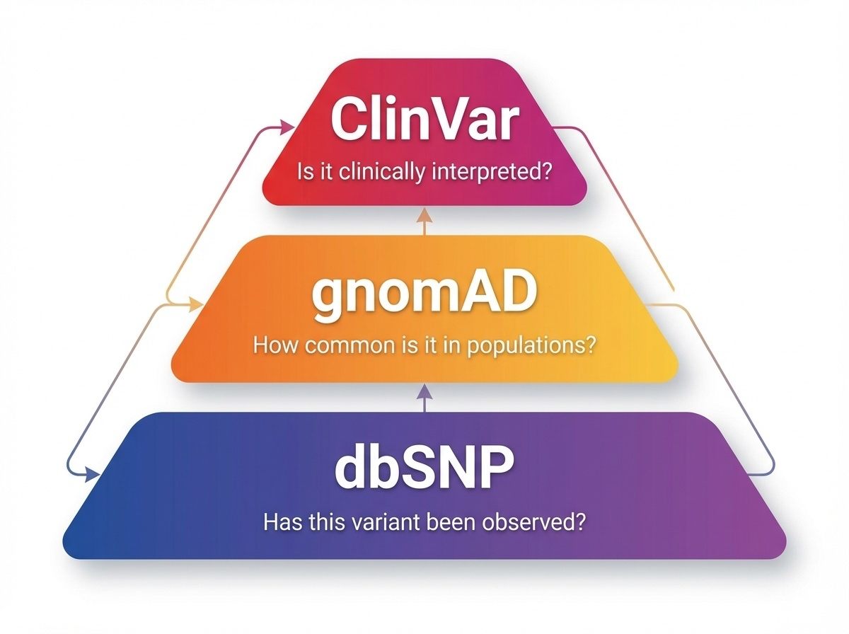 Figure 7-3. Integration of multiple evidence sources for variant interpretation. Clinical interpretation requires convergence of population data, databases, computational predictions, and patient phenotype.