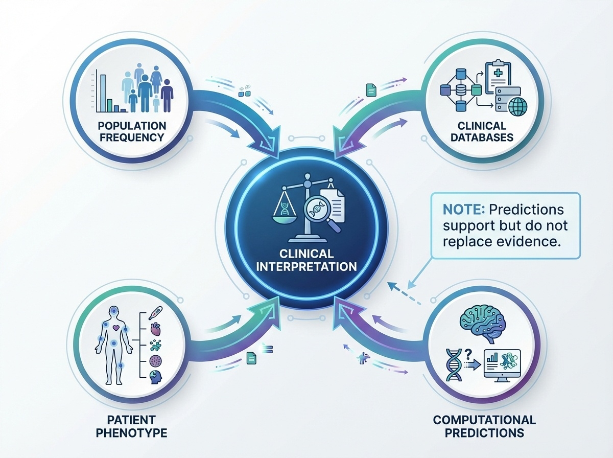Figure 7-4. The variant filtering funnel. Starting from millions of variants, sequential filtering through annotation, population frequency, clinical databases, computational prediction, and phenotype matching narrows down to the causal variant.