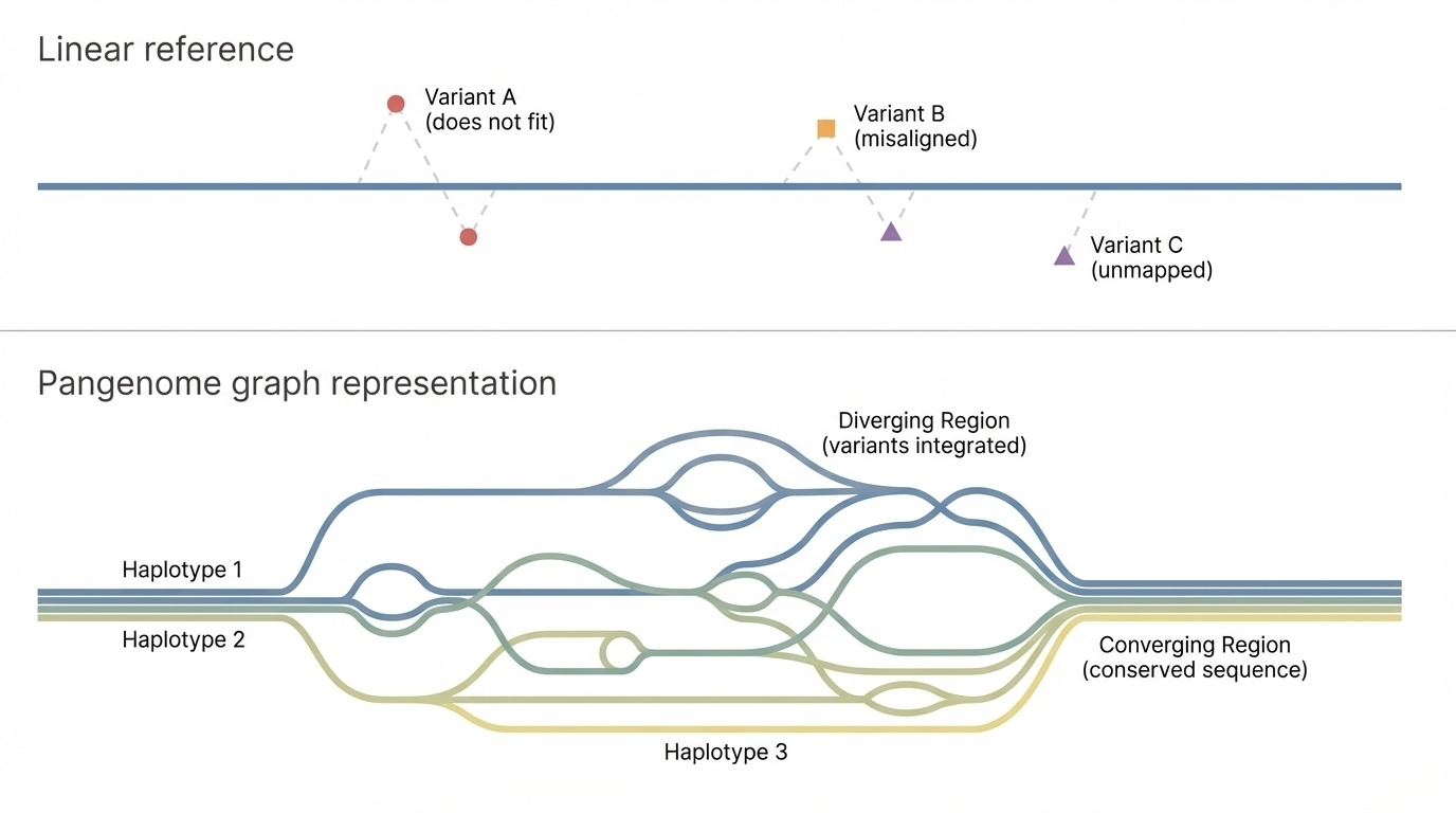 Figure 4-2. Linear Reference vs Pangenome Graph