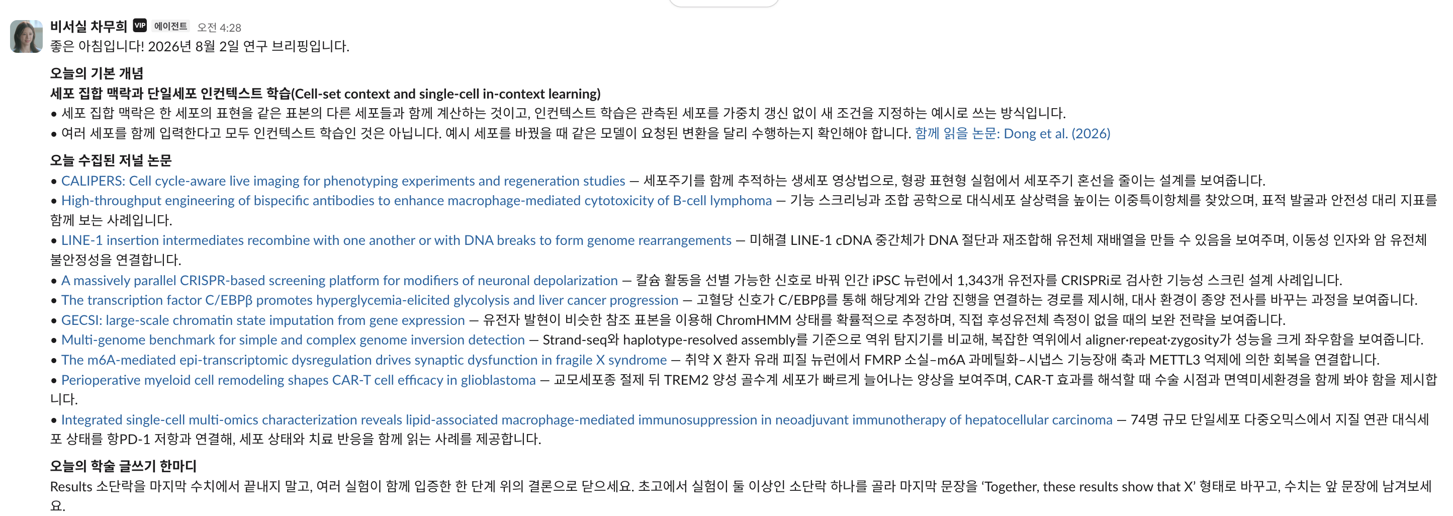 다음 날의 브리핑. 기본 개념과 글쓰기 조언이 매일 바뀐다