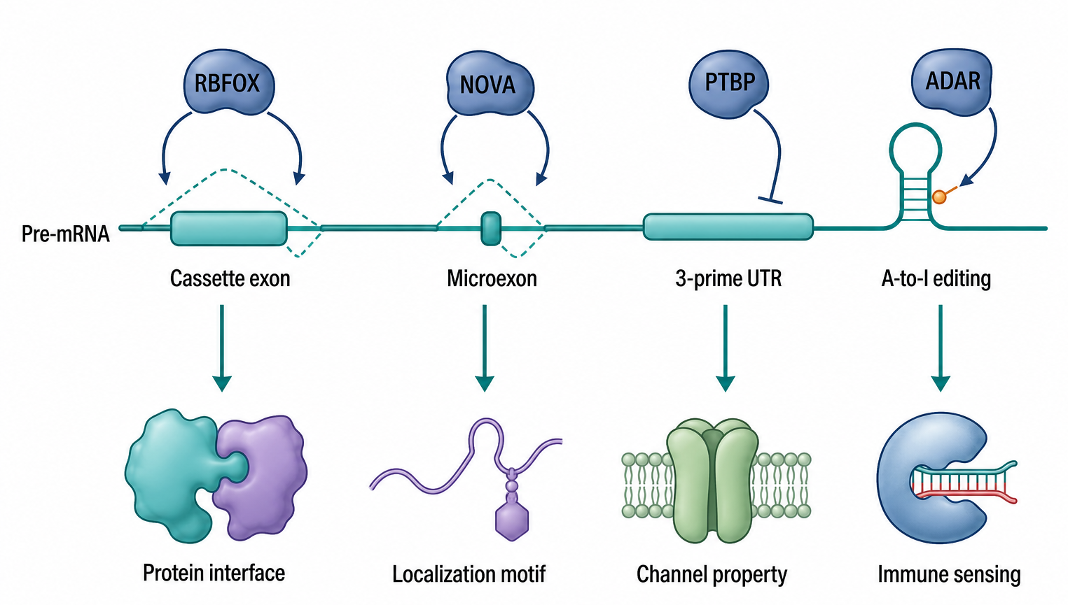 Figure 103.3. Neurodevelopmental isoform control by splicing, microexons, UTR choice, and RNA editing