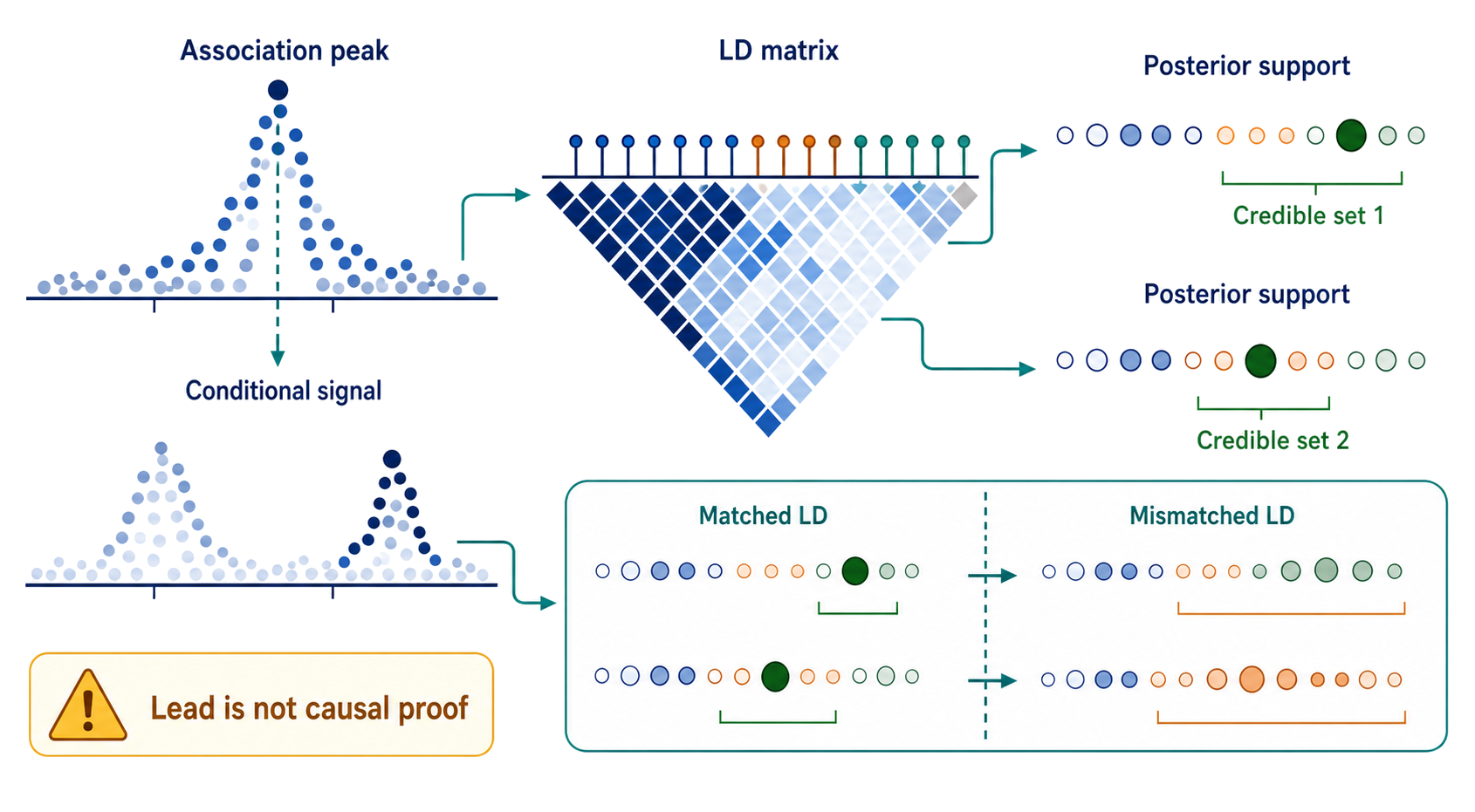 Figure 145.4. Association peak, linkage disequilibrium, and a calibrated credible set