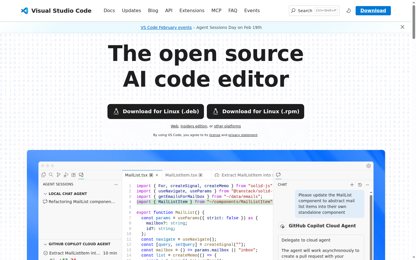 VS Code 공식 웹사이트에서 다운로드 버튼이 보이는 메인 페이지 스크린샷