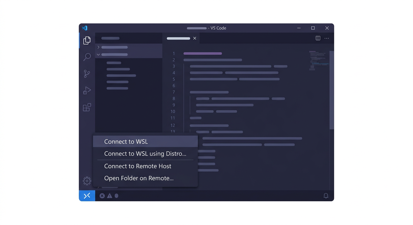 VS Code 좌측 하단 >< 아이콘을 클릭하여 WSL 메뉴를 선택하는 화면 스크린샷