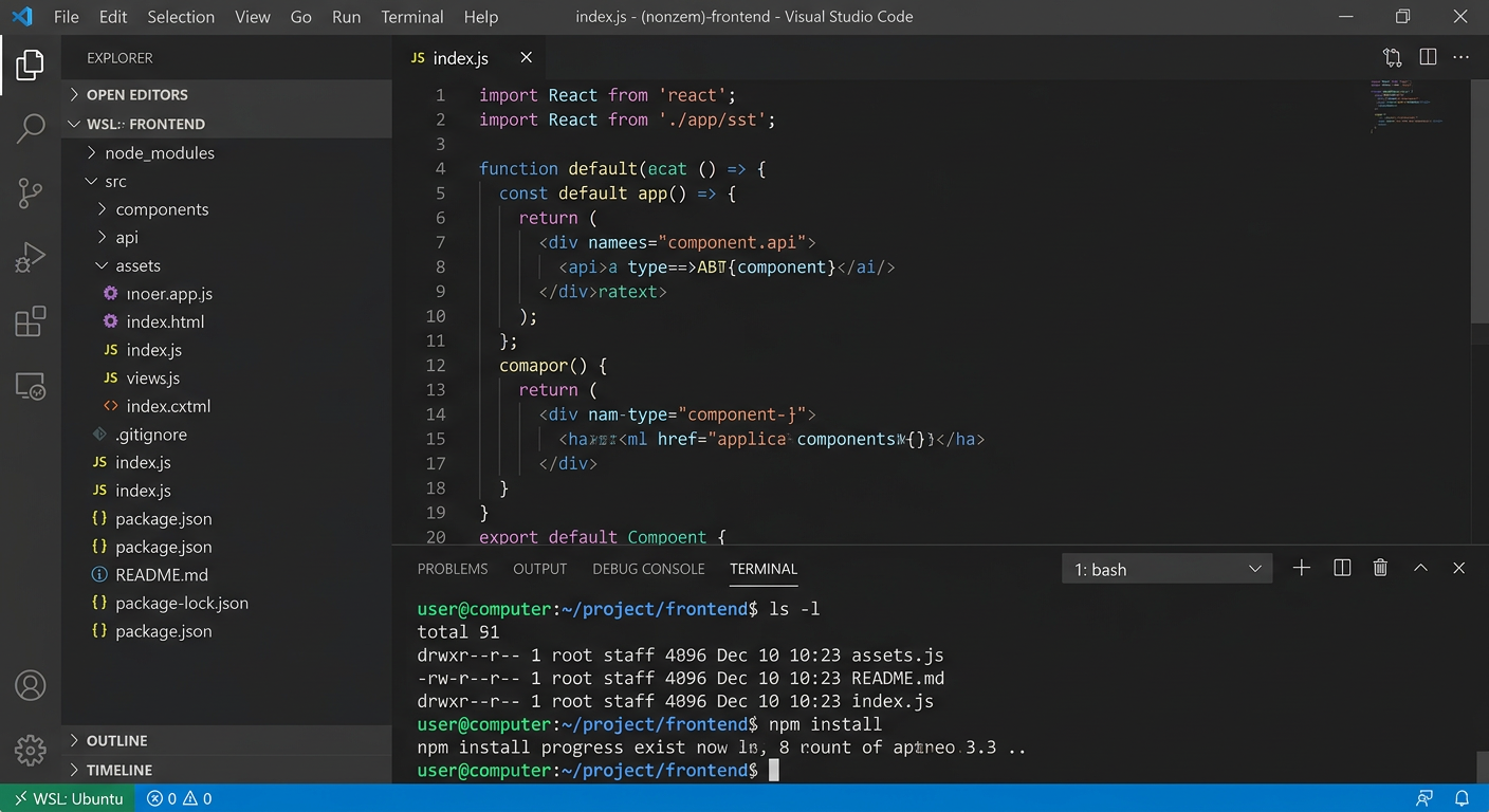VS Code가 WSL에 연결된 상태 — 좌측 하단에 