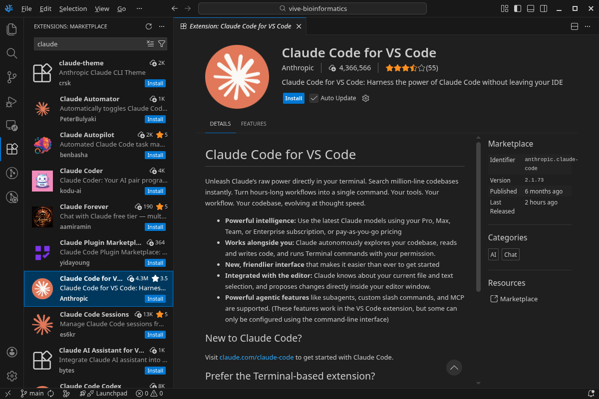 VS Code 확장 프로그램 마켓플레이스에서 Claude Code를 검색하여 설치하는 화면 스크린샷