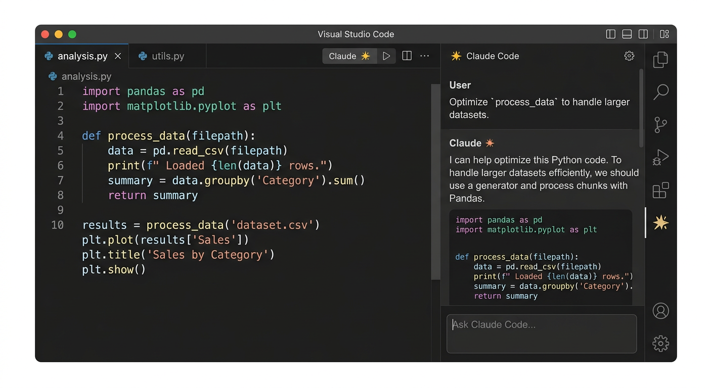 VS Code 편집기에서 Spark 아이콘 위치와 Claude Code 패널이 열린 모습 스크린샷