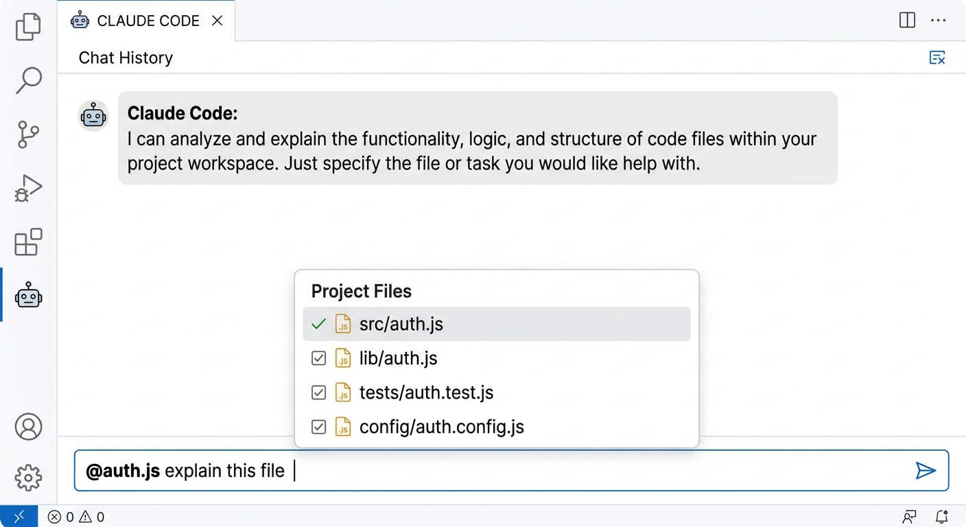 Claude Code 패널에 프롬프트를 입력하고 @-멘션으로 파일을 참조하는 모습 스크린샷