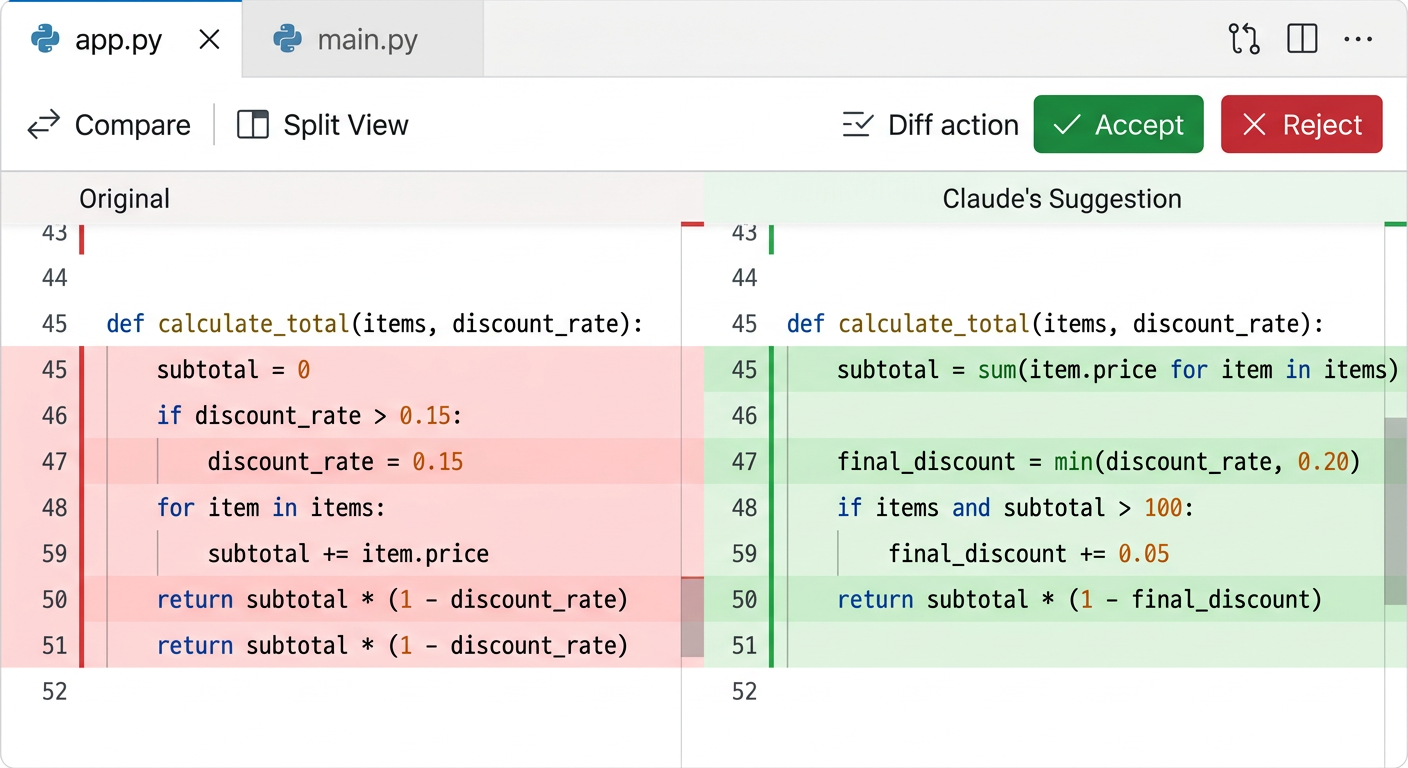 Claude가 제안한 코드 변경 사항의 diff 화면과 수락/거부 버튼이 있는 스크린샷