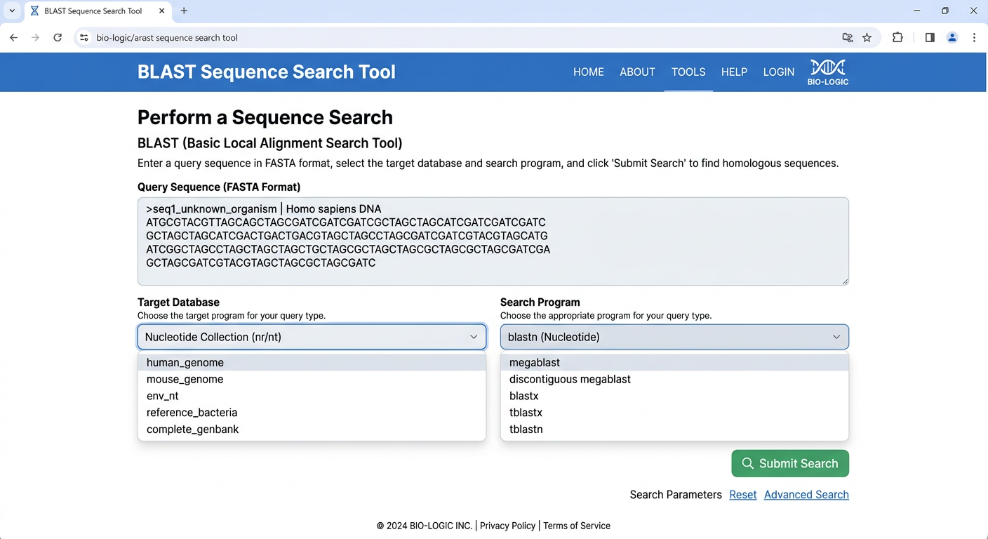 BLAST 검색 도구 완성 화면