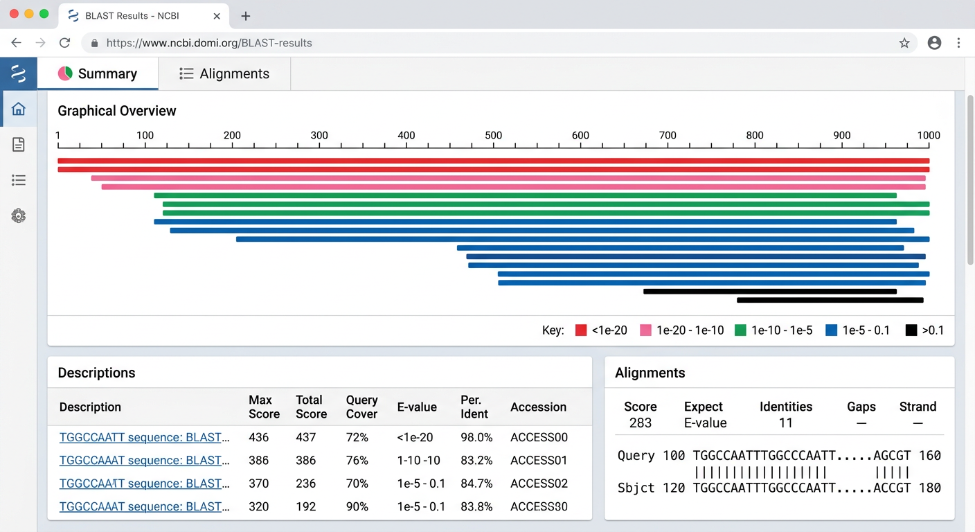 BLAST 검색 결과 화면 — Summary 탭과 Alignments 탭