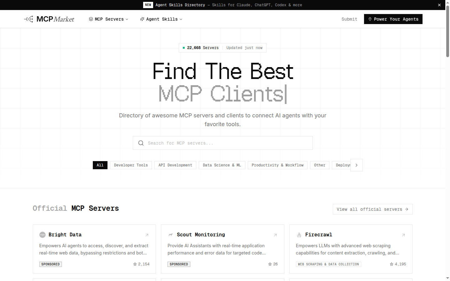 mcpmarket.com에서 생명정보학 관련 MCP 서버를 검색하는 화면