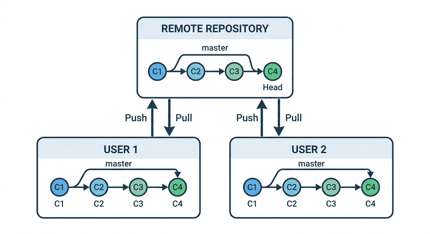 분산형 VCS 다이어그램 — User1과 User2가 각각 로컬에 버전 트리를 가지고 있고, 원격 저장소와 동기화하는 구조