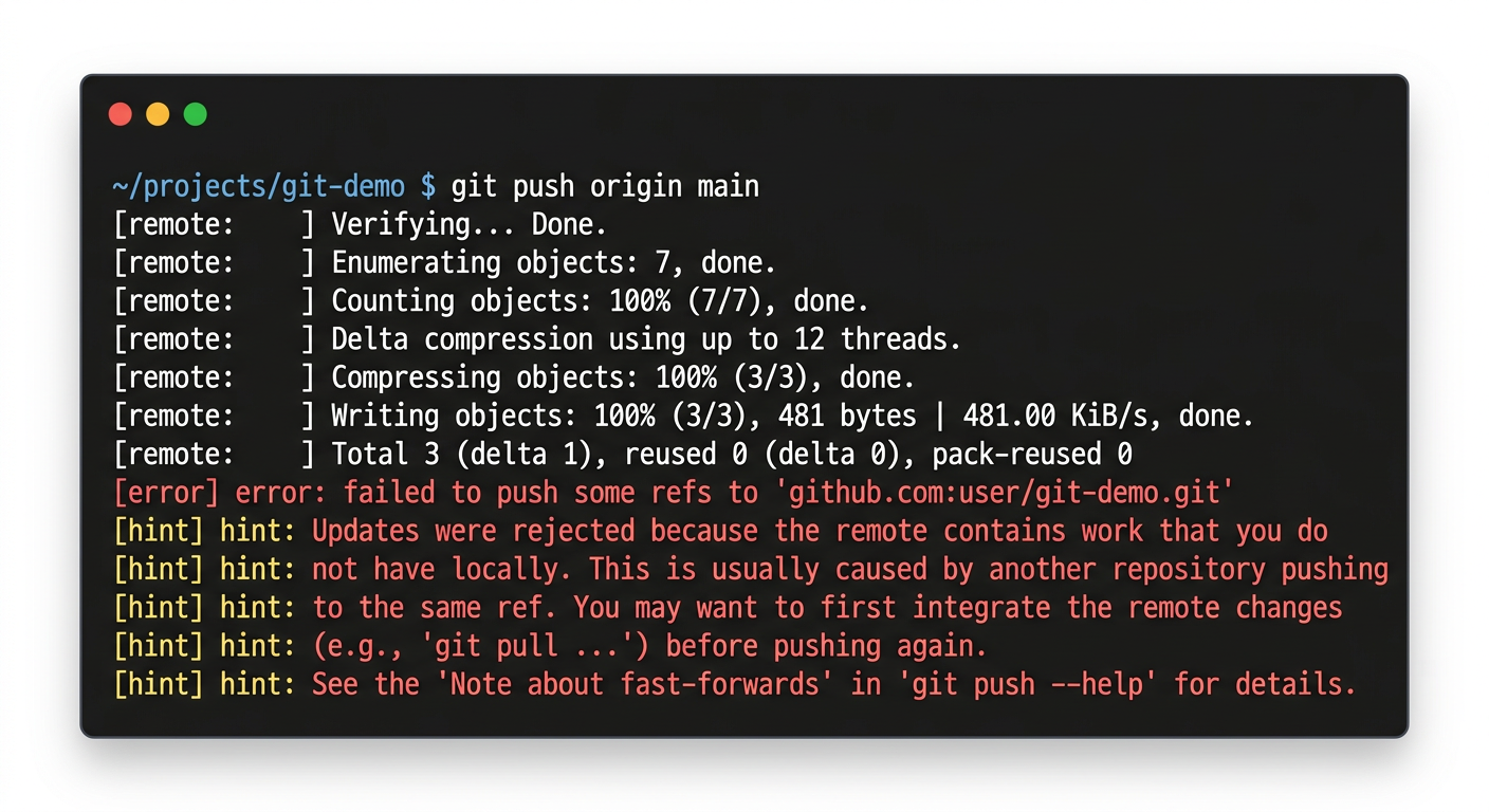 Git Push 거부 시 터미널 에러 메시지 스크린샷