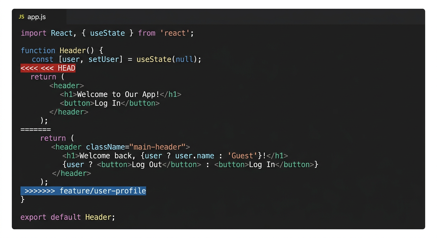 Merge conflict 표시가 된 파일 내용 스크린샷 — <<<<<<< HEAD, =======, >>>>>>> 마커가 보이는 모습