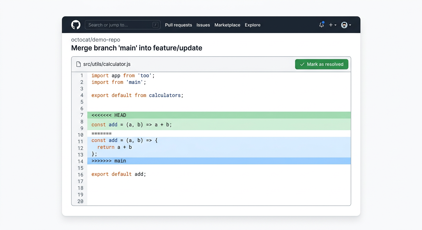 GitHub 웹에서 merge conflict 해결하는 화면 스크린샷