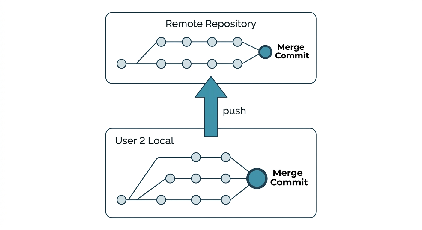 시나리오 2 다이어그램 — User2가 Merge 후 Push하는 모습, 버전 트리에 merge branch가 표시됨