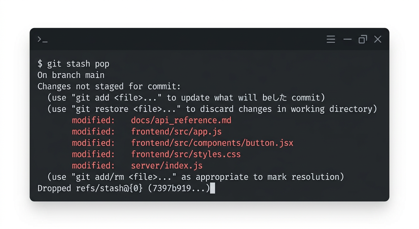 git stash pop 실행 후 터미널 스크린샷