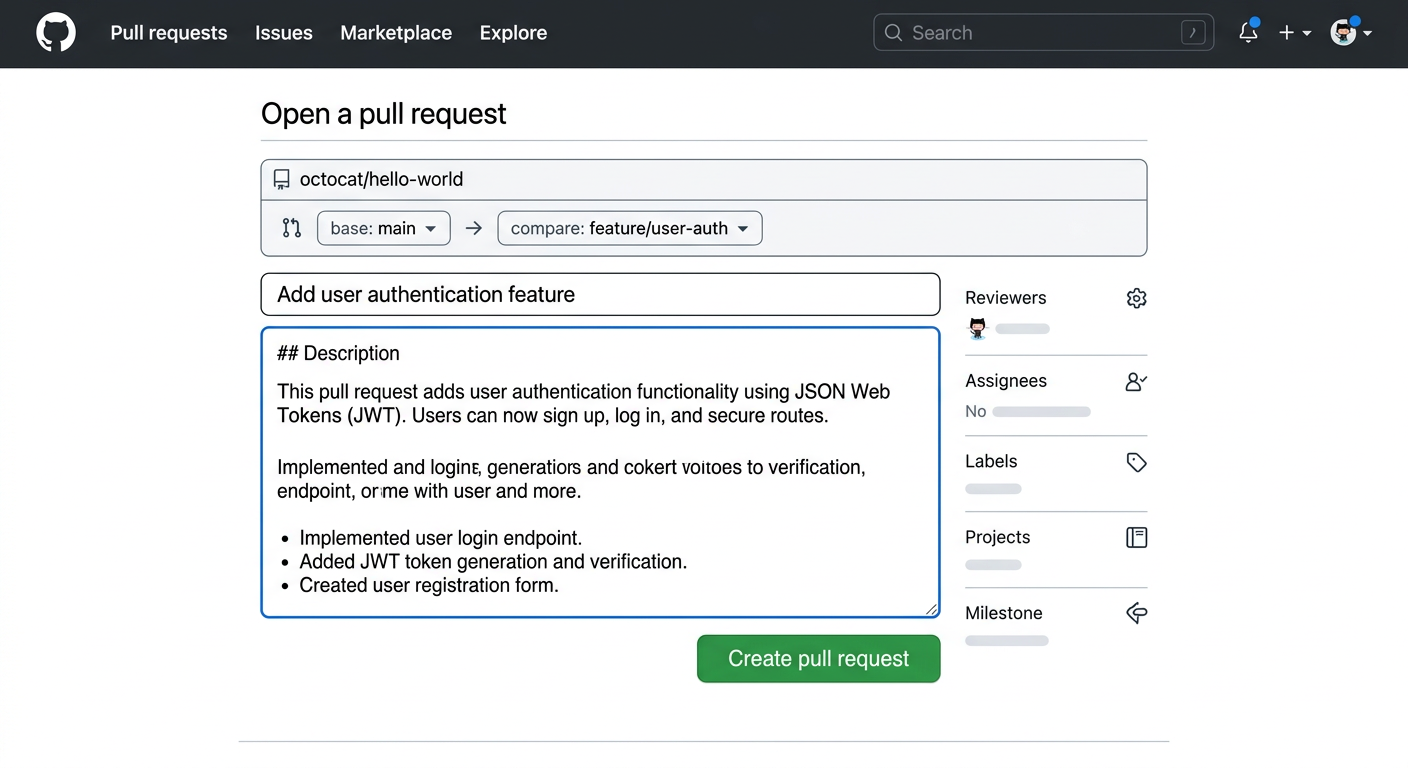 GitHub에서 Pull Request 생성 화면 스크린샷