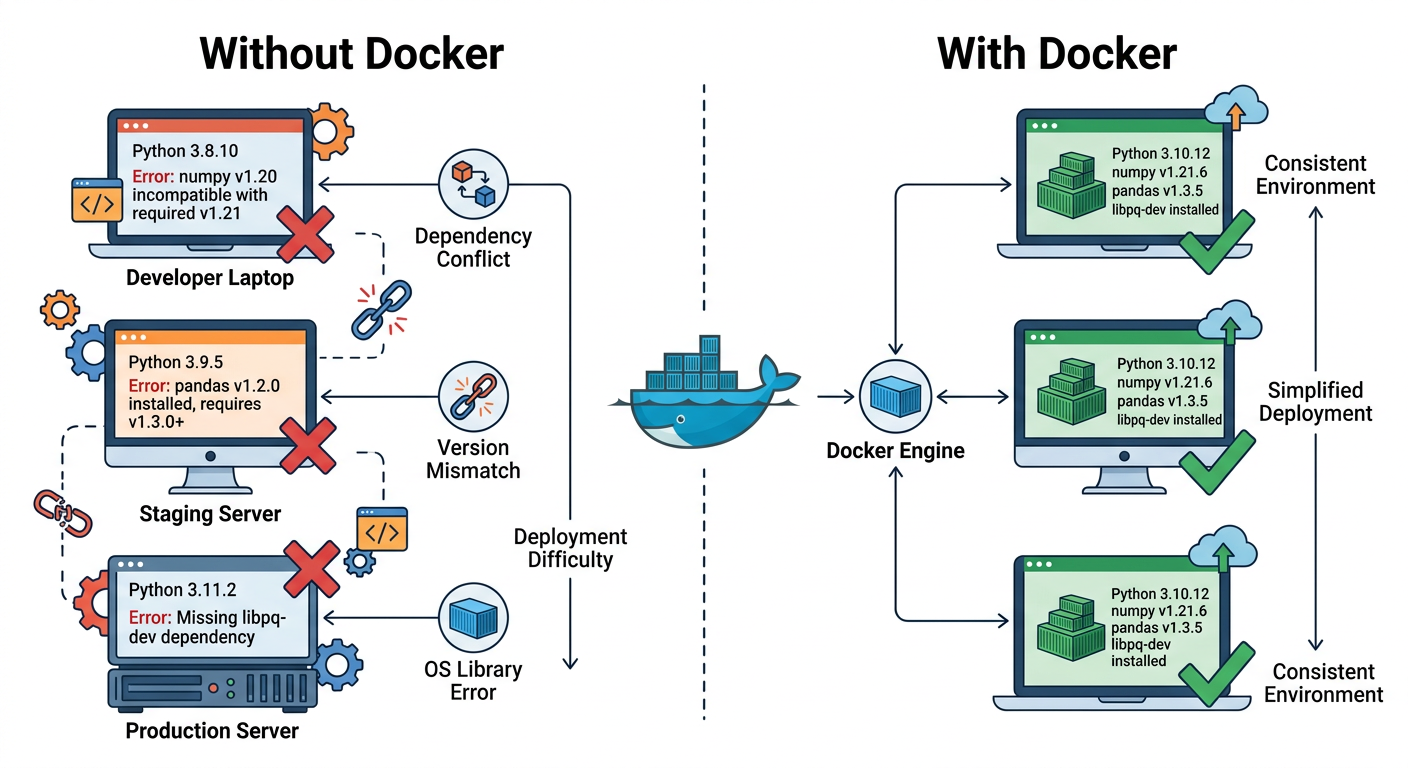 Docker 없이 개발할 때의 환경 차이 문제 vs Docker를 사용할 때의 일관된 환경을 비교하는 다이어그램