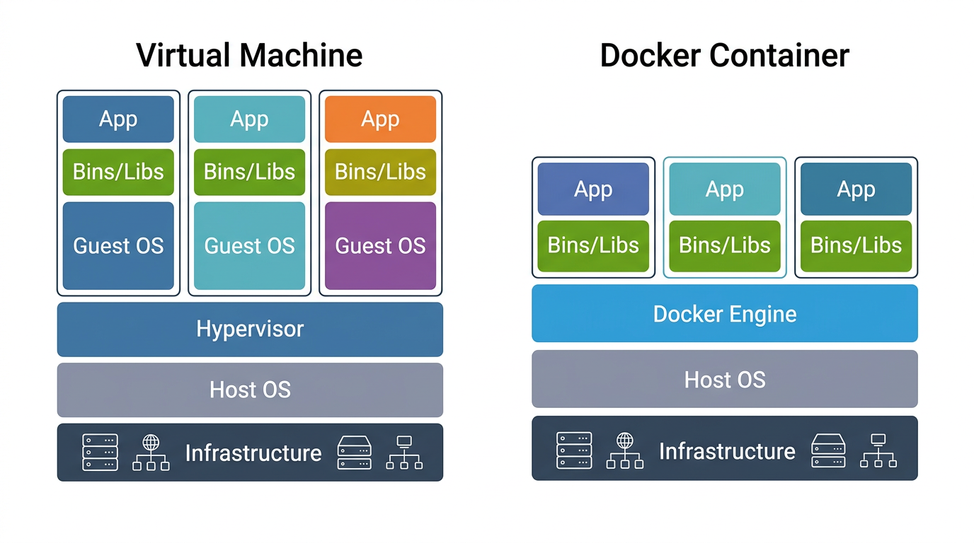 가상 머신 vs Docker 컨테이너 아키텍처 비교 다이어그램 — VM은 Guest OS 포함, Container는 커널 공유