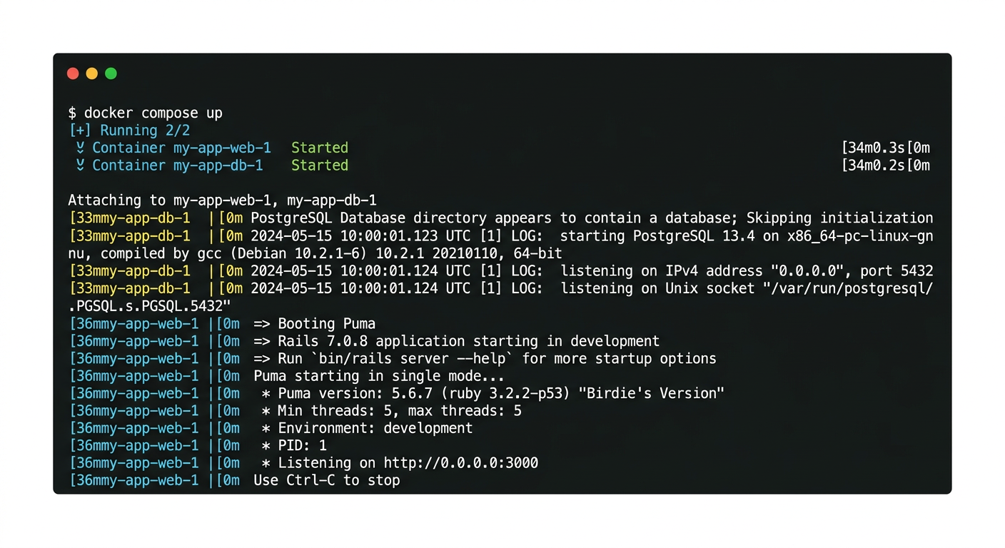 docker compose up 실행 시 웹 서버와 데이터베이스가 동시에 시작되는 터미널 출력 스크린샷
