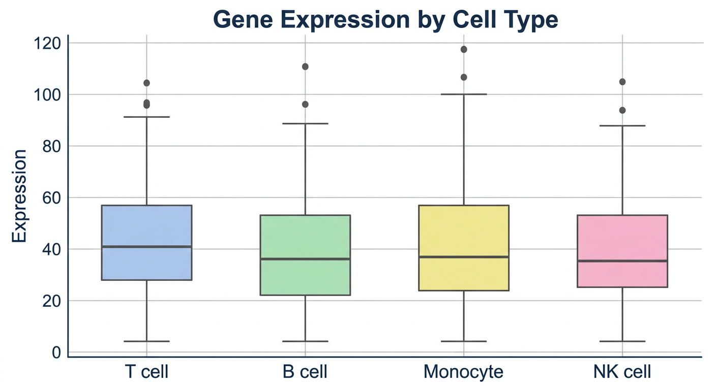 Seaborn 박스 플롯 예시 — 세포 유형별 유전자 발현량 분포