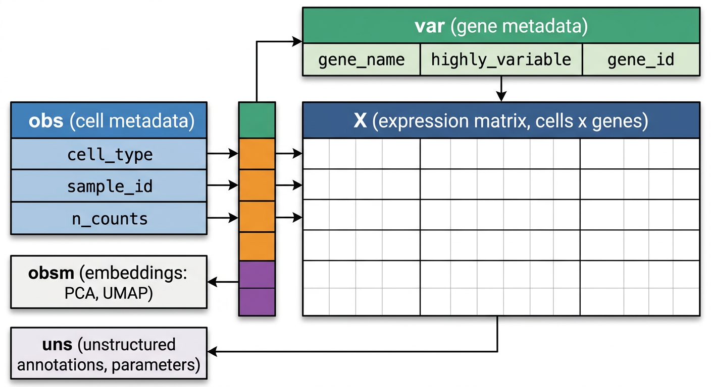 AnnData 객체의 구조를 나타낸 다이어그램