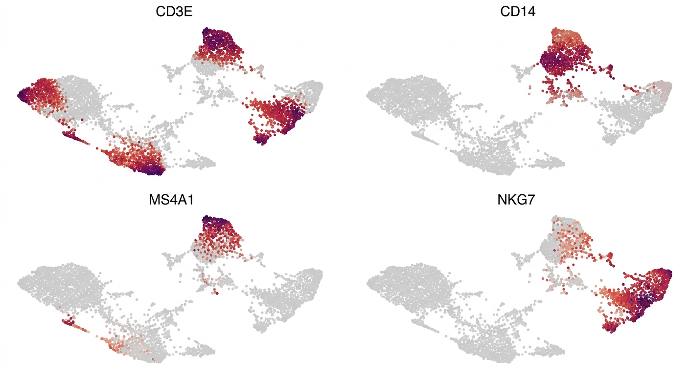 마커 유전자별 UMAP 플롯