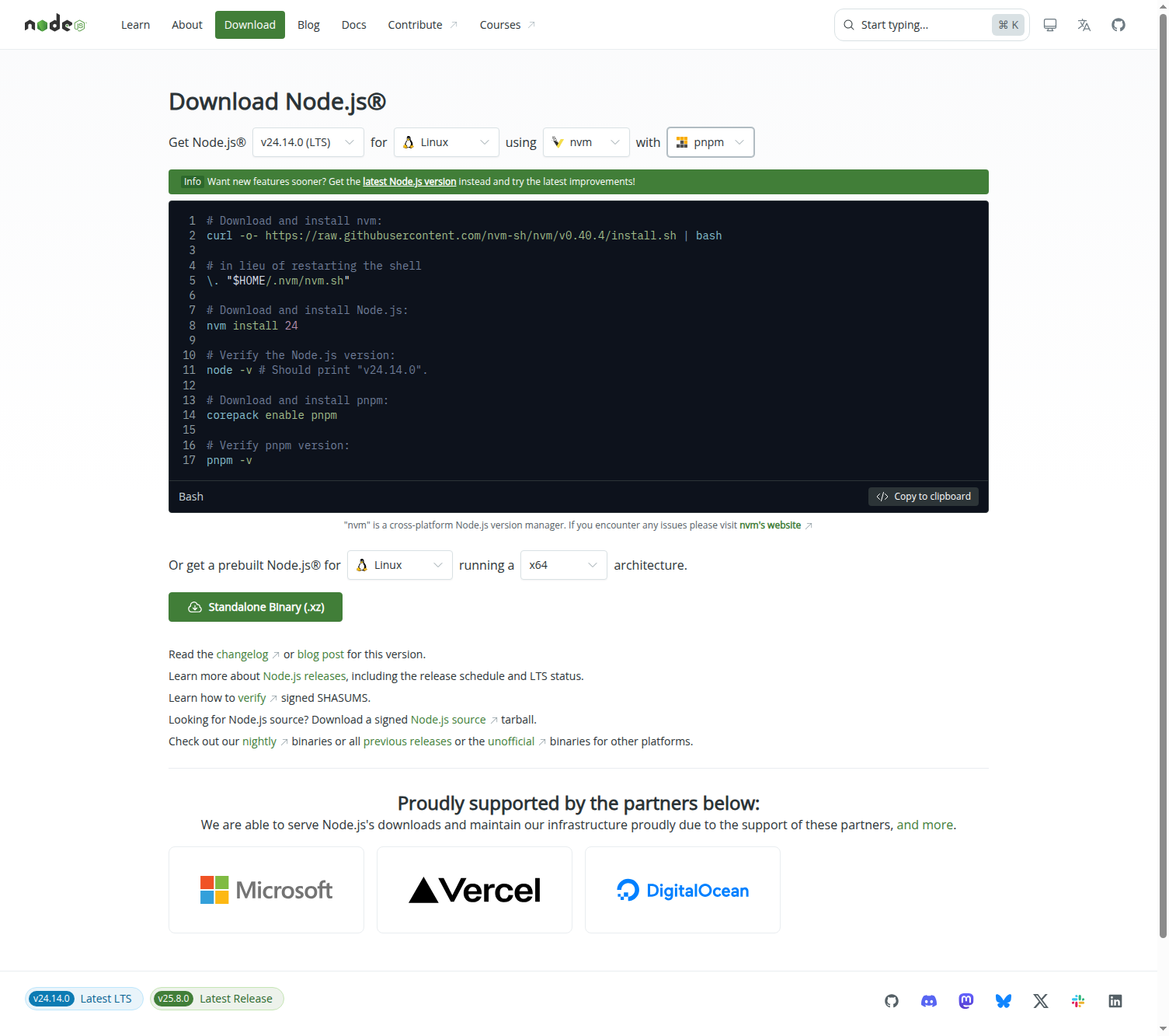 Node.js 다운로드 페이지