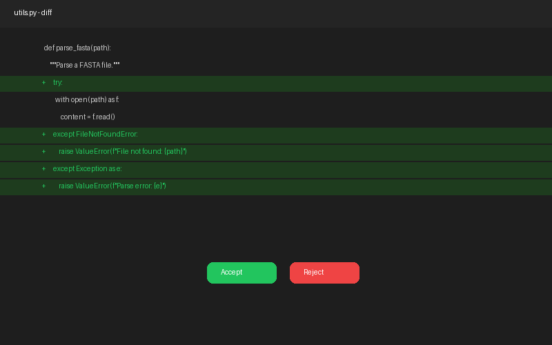 Claude가 제안한 코드 변경 사항의 diff 화면과 수락/거부 버튼이 있는 스크린샷